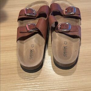 Geox Brown Leather Slide Sandals with Silver Buckles